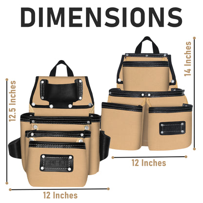 Dimensions of black and beige tool belt pouches showing 12.5 inches tall by 12 inches wide on the left and 14 inches tall by 12 inches wide on the right