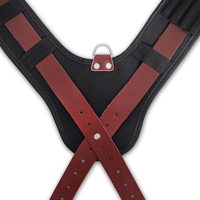 Front view of maroon leather suspender straps with metal hardware for FUERI tool belt