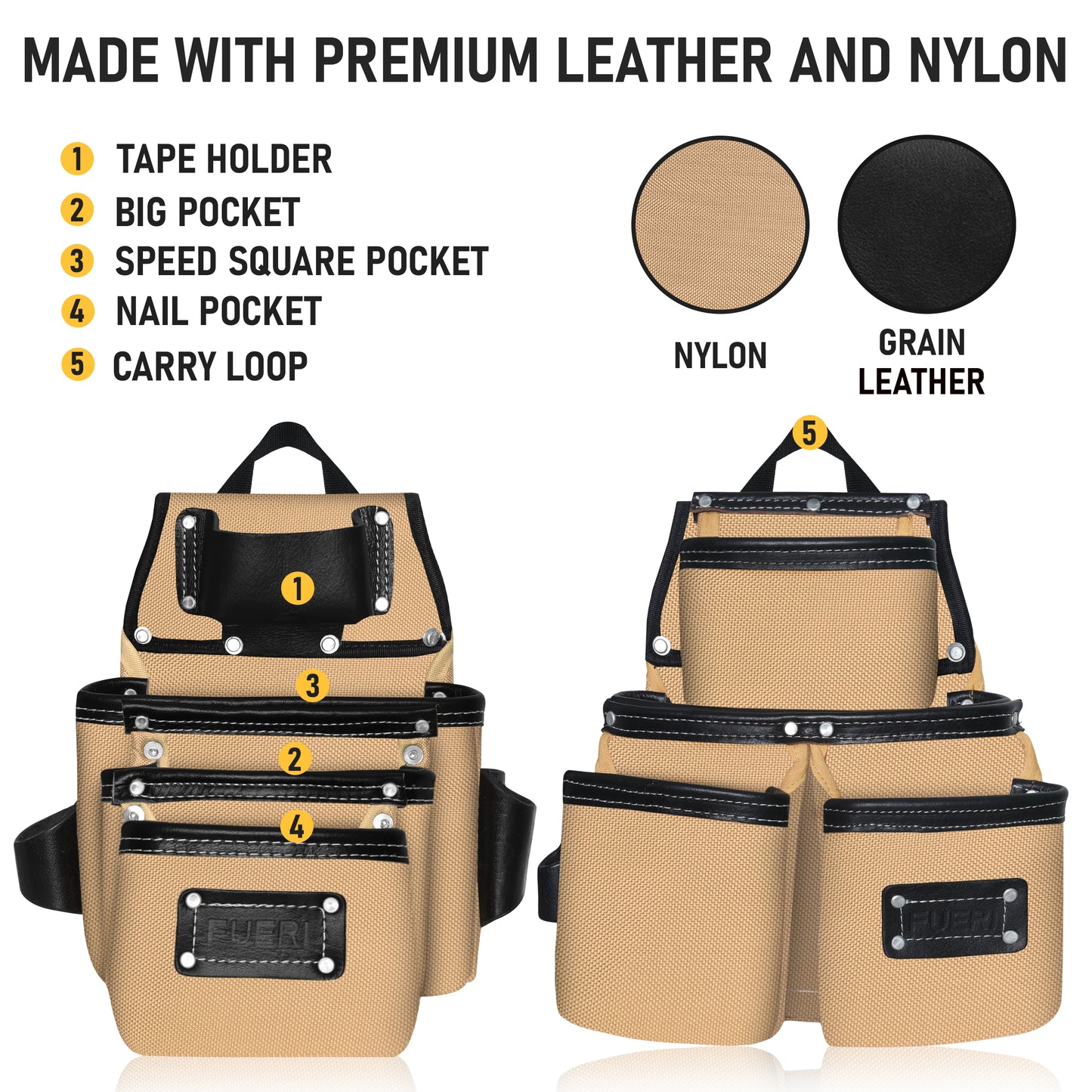 FUERI black and beige tool belt features breakdown showing tape holder, big pocket, speed square pocket, nail pocket, and carry loop with grain leather and nylon material samples