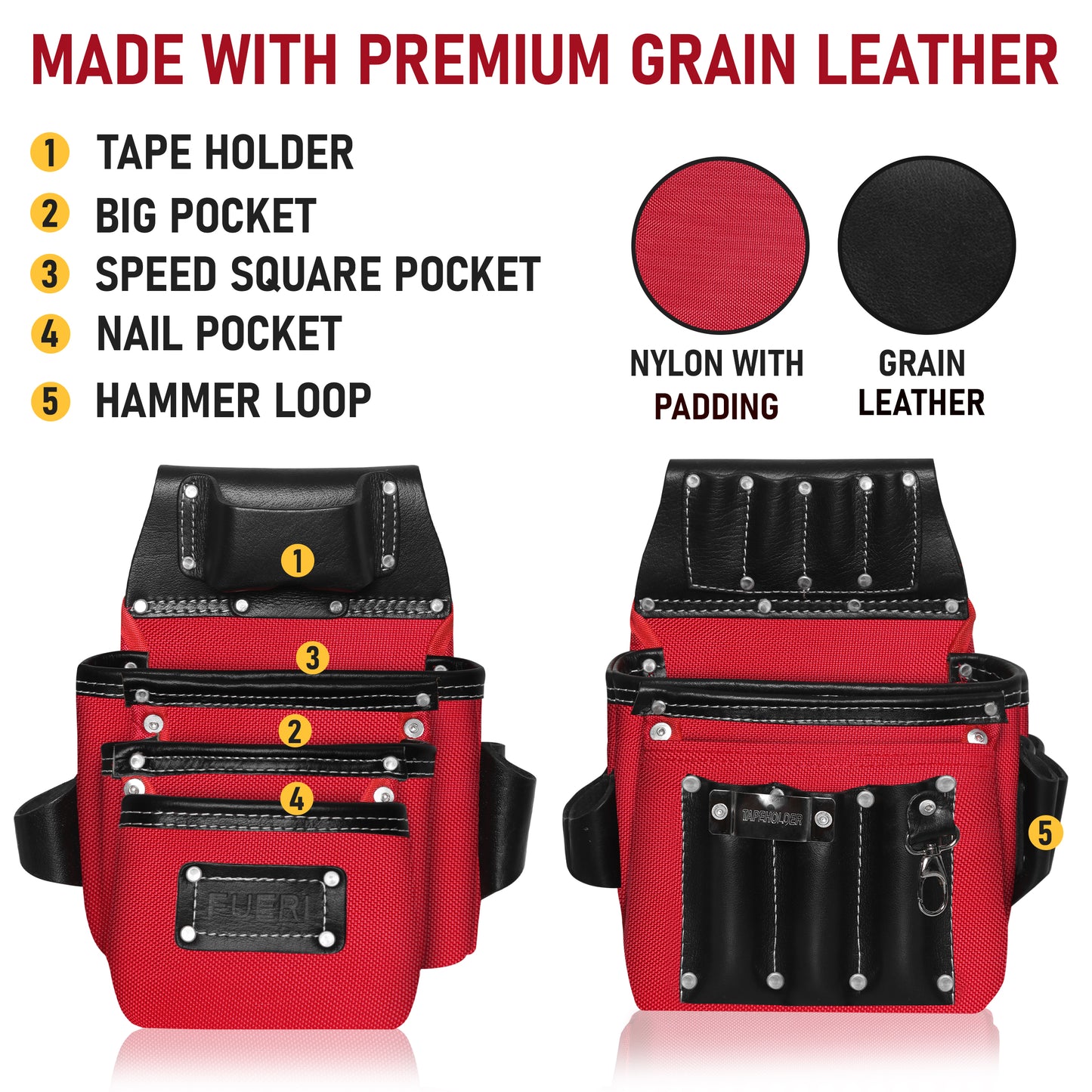 Red and black tool belt features breakdown showing tape holder, big pocket, speed square pocket, nail pocket, and hammer loop with grain leather and padded nylon material samples