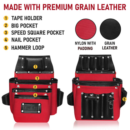Red and black tool belt features breakdown showing tape holder, big pocket, speed square pocket, nail pocket, and hammer loop with grain leather and padded nylon material samples