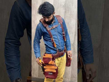 19 Pocket Adjustable Leather Tool Belt with Suspenders for Carpenters, Electricians & Framers