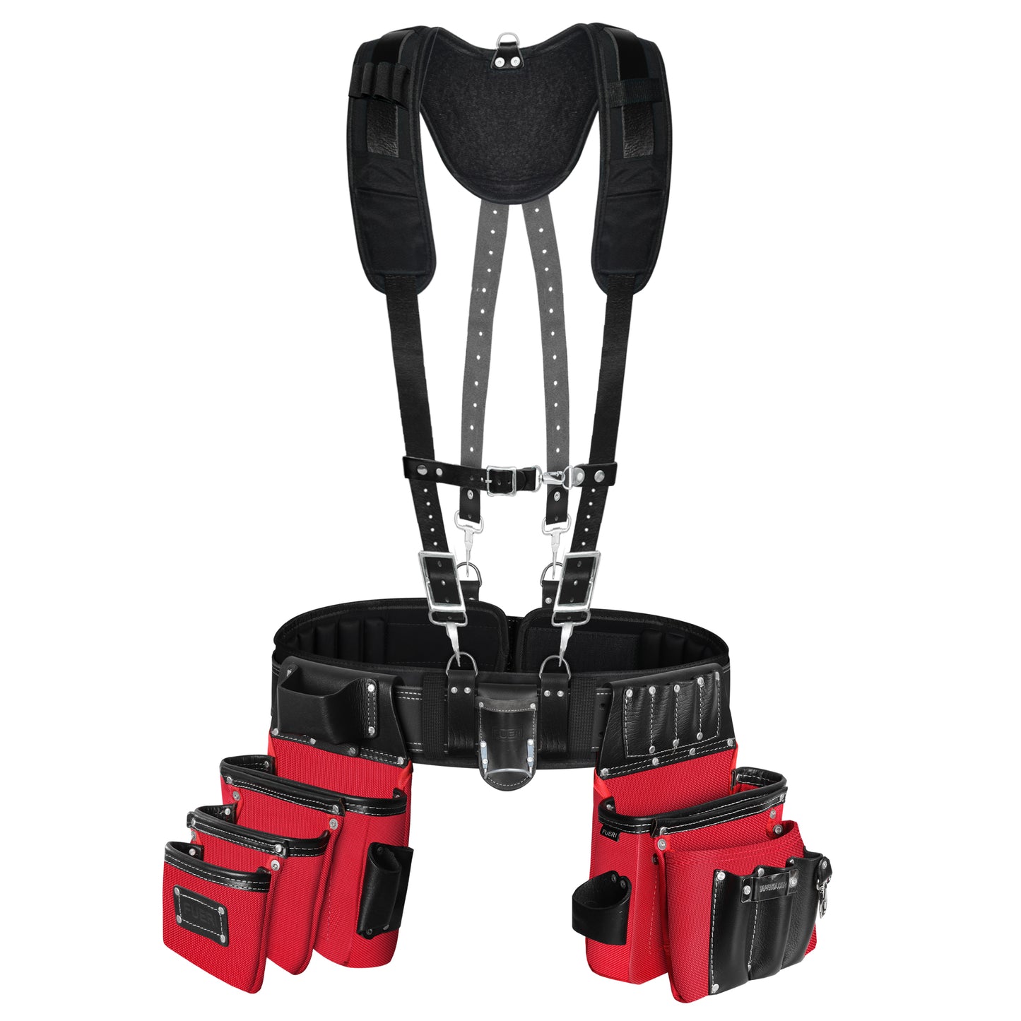 26 Pocket Red and Black Fully Padded Leather-Nylon Tool Belt with Suspenders Front side view
