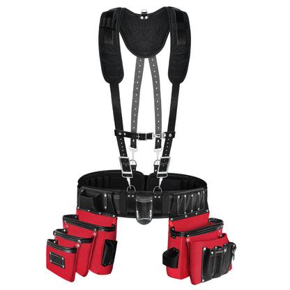 26 Pocket Red and Black Fully Padded Leather-Nylon Tool Belt with Suspenders Front side view