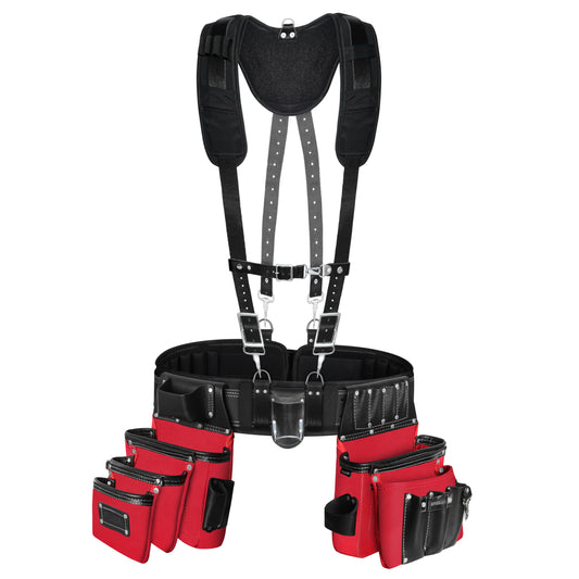 26 Pocket Red and Black Fully Padded Leather-Nylon Tool Belt with Suspenders Front side view