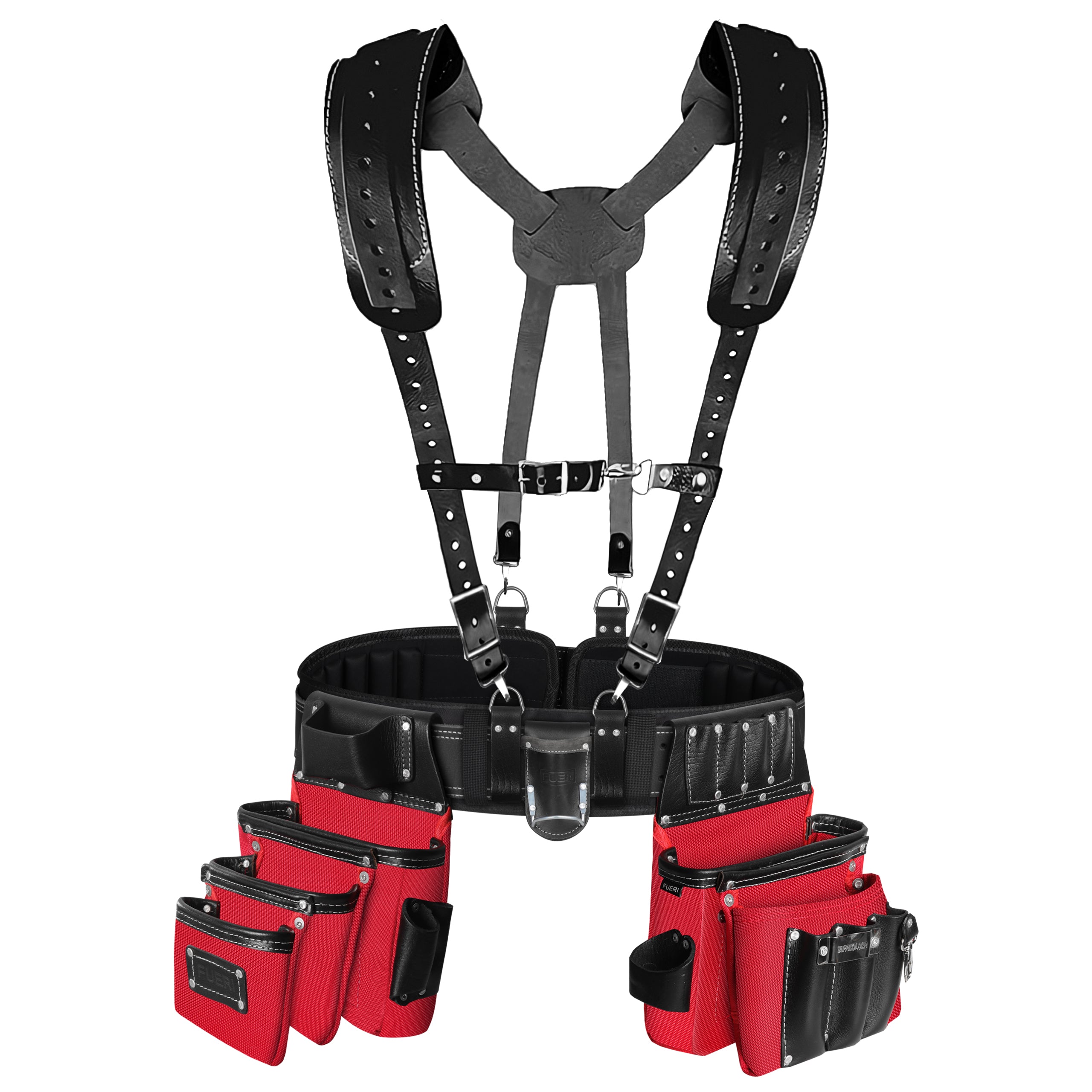 26 Pocket Red & Black Leather Nylon Tool Belt with Suspenders – Fueri