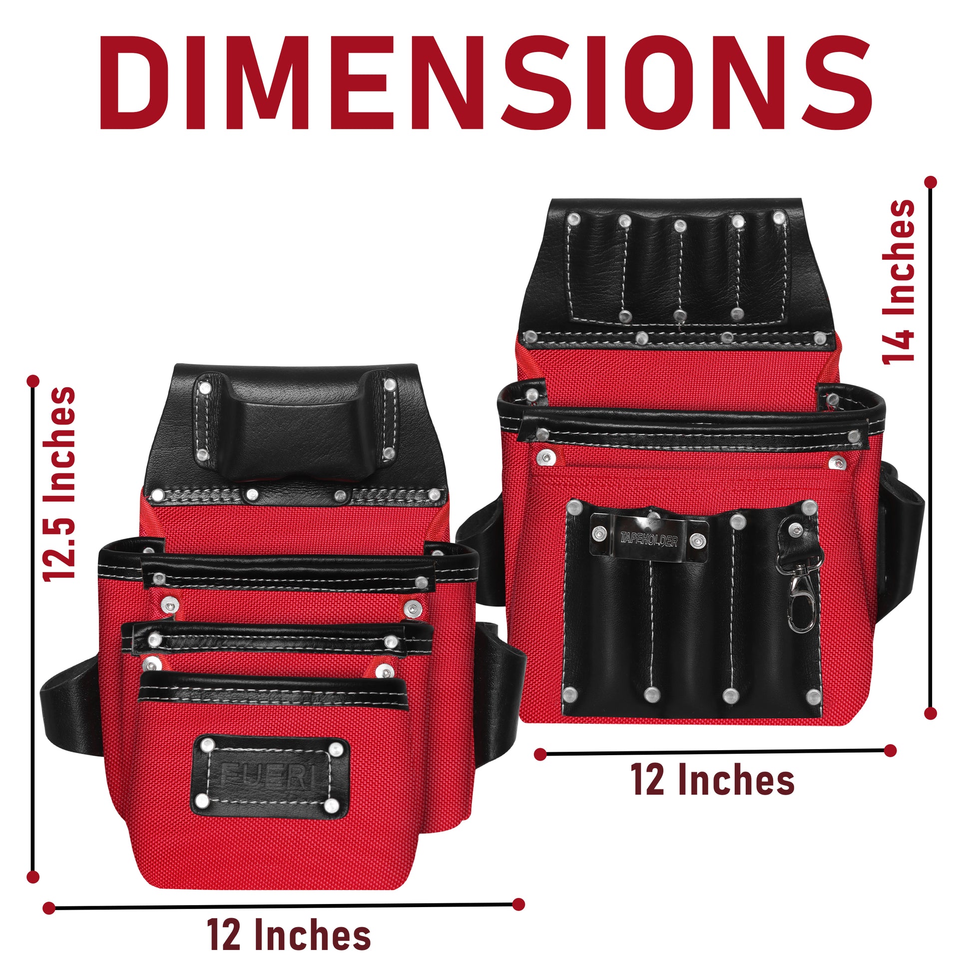 Dimensions of red and black tool belt pouches showing 12.5 inches tall by 12 inches wide on the left and 14 inches tall by 12 inches wide on the right