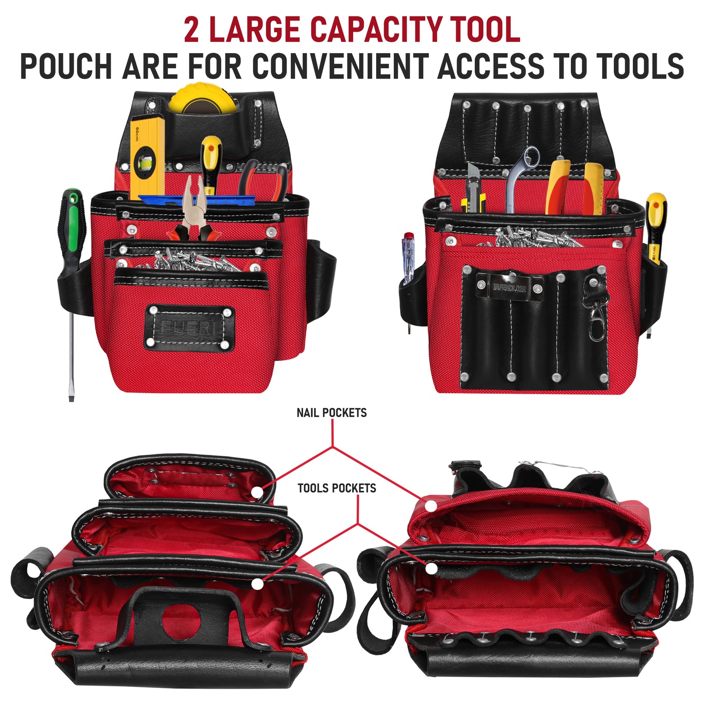 Two large-capacity red and black tool belt pouches with labeled nail pockets and tool pockets, shown loaded with hand tools and from above