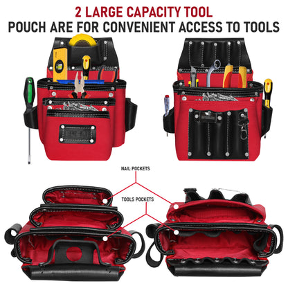 Two large-capacity red and black tool belt pouches with labeled nail pockets and tool pockets, shown loaded with hand tools and from above