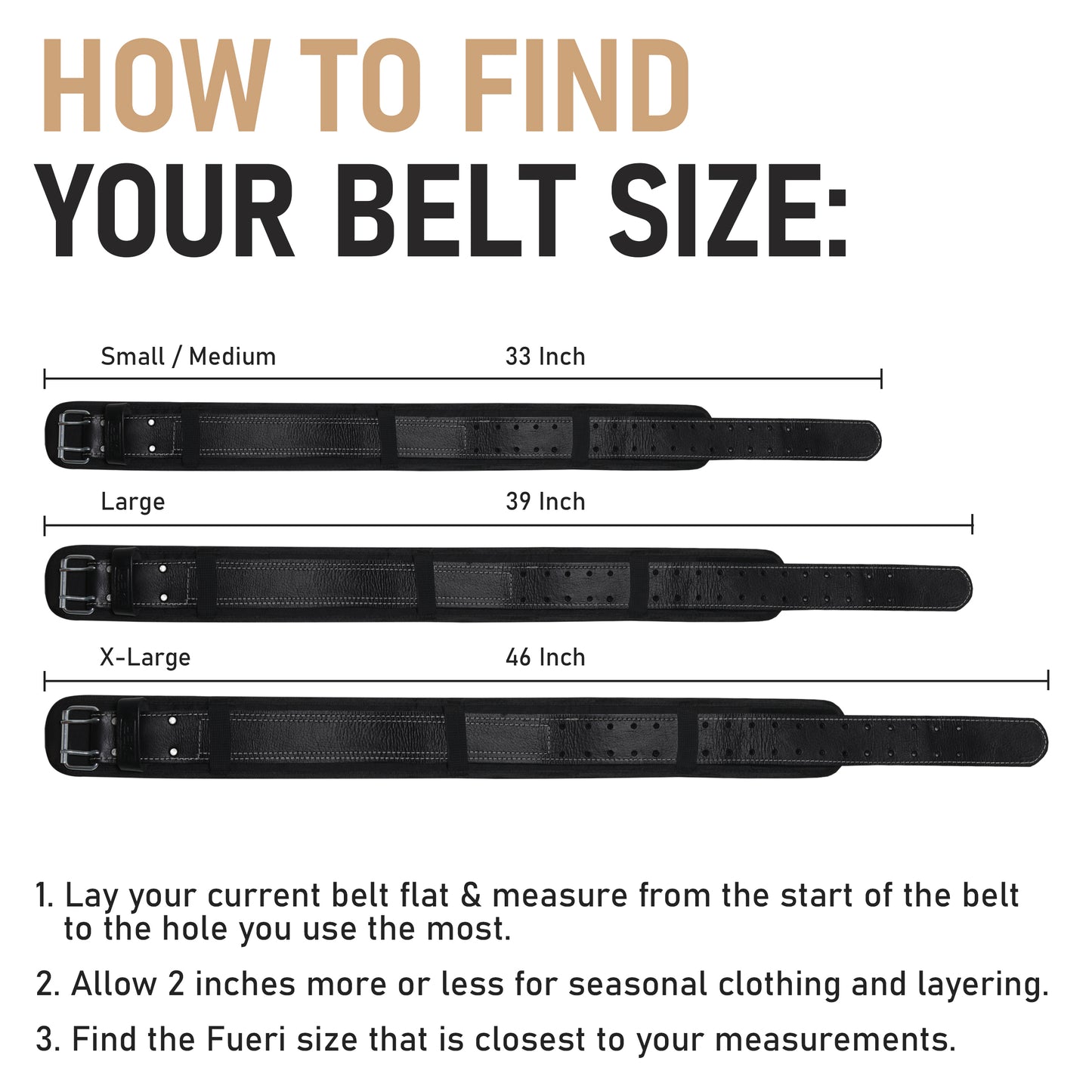 FUERI tool belt size guide showing Small/Medium 33 inch, Large 39 inch, and X-Large 46 inch belt measurements with fitting instructions