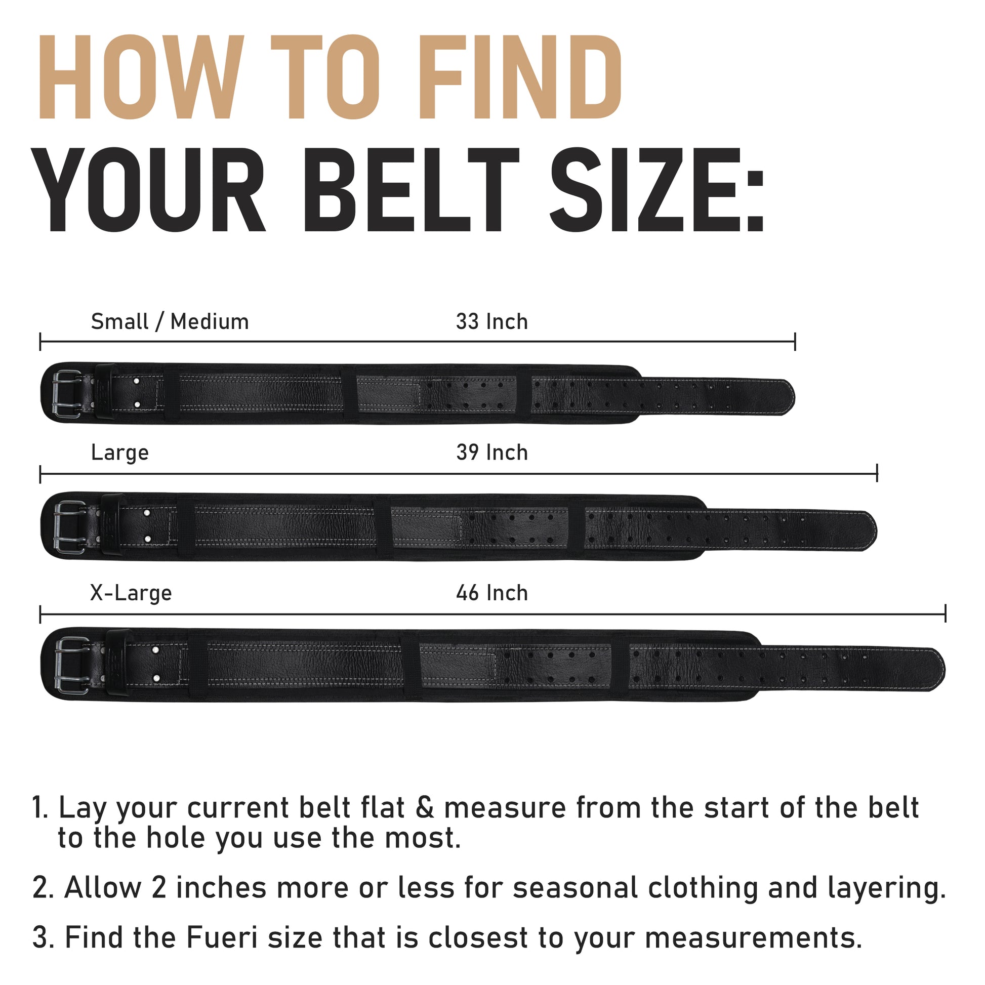 FUERI tool belt size guide showing Small/Medium 33 inch, Large 39 inch, and X-Large 46 inch belt measurements with fitting instructions