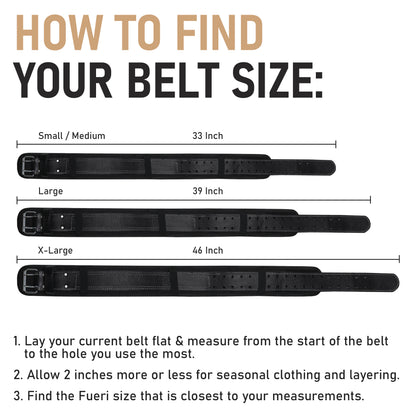 FUERI tool belt size guide showing Small/Medium 33 inch, Large 39 inch, and X-Large 46 inch belt measurements with fitting instructions